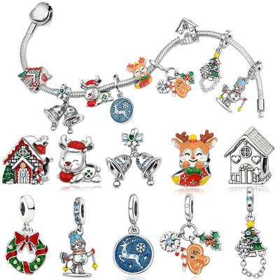 Christmas Charm Bell Snowflake House Christmas Tree Elk Beads Pendant Diycopper Bracelet Necklace Women Fine Jewelry Gift