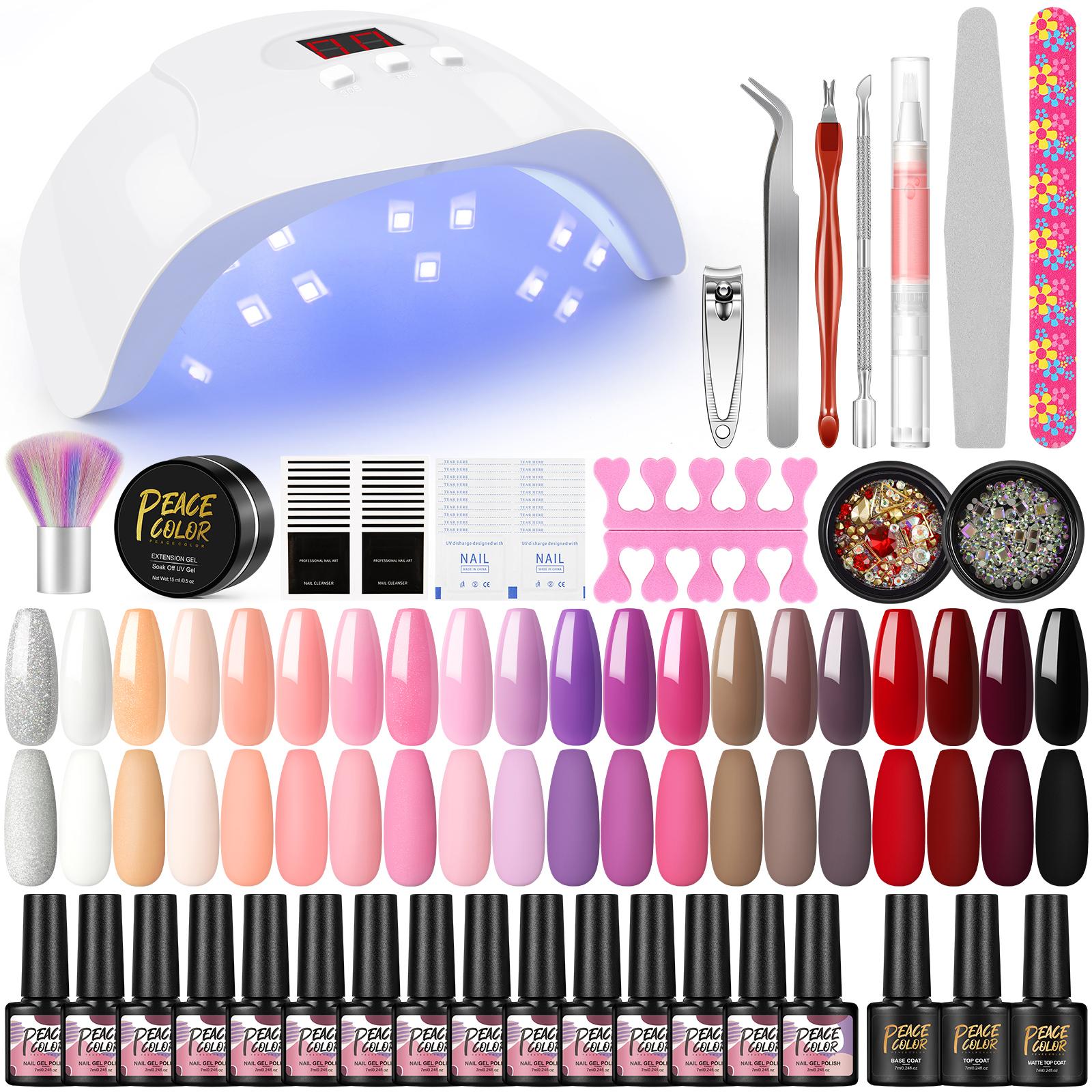 

Peacecolor Набор гель-лаков для ногтей с лампой для ногтей 36 Вт, 20 цветов гель-лака для ногтей и УФ-гелевой основы, матовое верхнее покрытие, маникюрные инструменты, стразы для дизайна ногтей