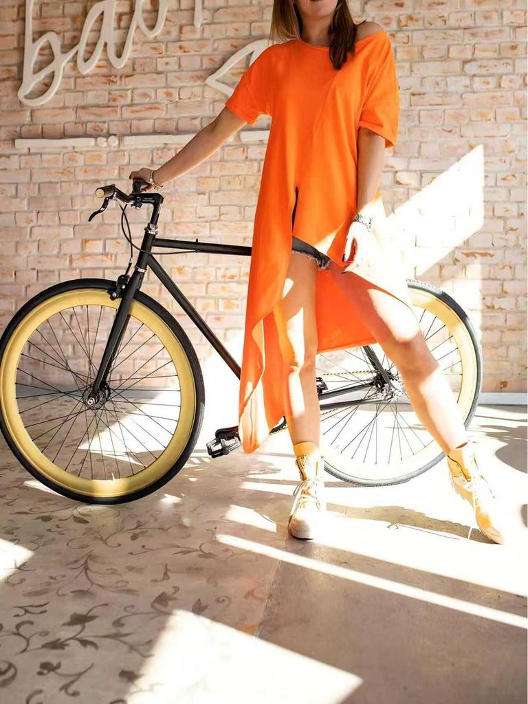 2026 Women's Solid Color Loose Fit Round Neck Irregular Hem T-Shirt