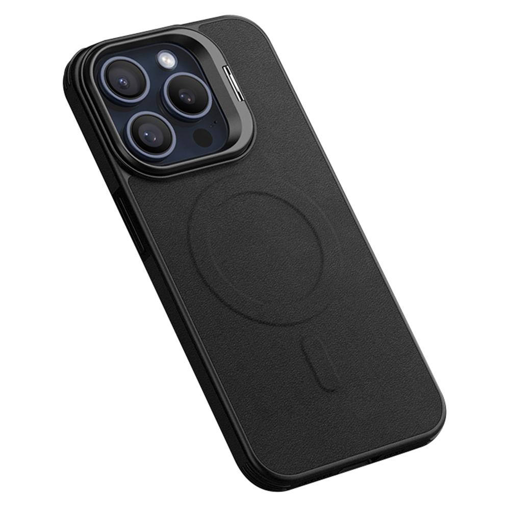 

For iPhone 15 Pro Magnetic Case with Lens Kickstand Leather Phone Back Cover Black