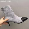 Leopard Suede Women Ankle Boots Pointed Toe Mid Heels Sexy Shoes Winter Fashion Chelsea Boots  Trend Pumps Goth Botas Mujer