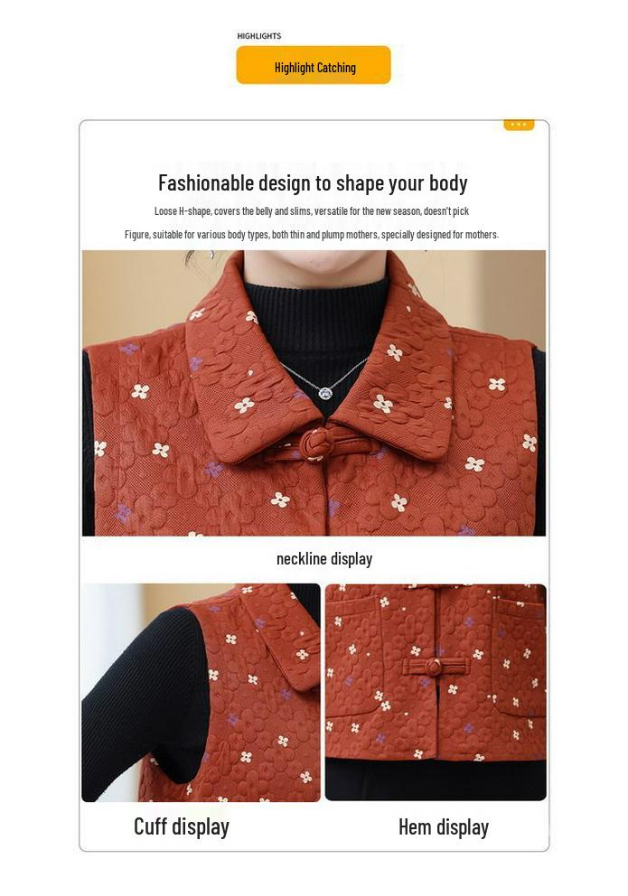 Spring & Autumn Floral Pipa Button Vest: Women's Casual Lapel Shawl for Middle-Aged & Elderly