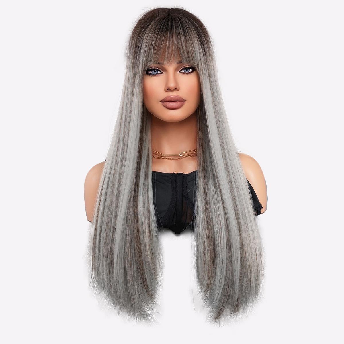 

Платиновый блонд омбре прямой парик | Вирусная прическа знаменитости в TikTok, термостойкий длинный полный парик для женщин (Кремовый блонд) 68cm 26.77Inch серый