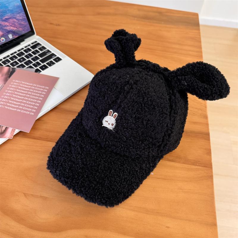 Cute Rabbit Ears Baseball Cap Women's Autumn and Winter Warm Lamb Wool Cap Showing Face Small Cartoon Plush Hat