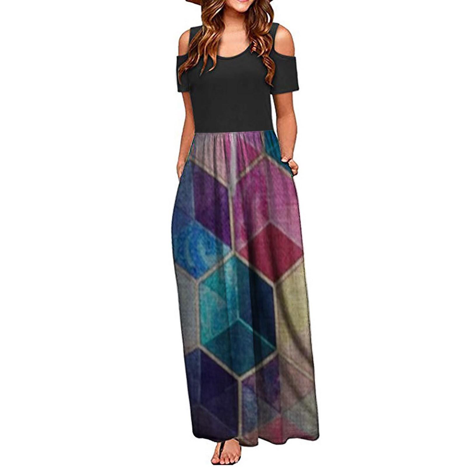 

Женское элегантное повседневное платье макси с короткими рукавами и карманами с открытыми плечами и цветочным принтом XL красный