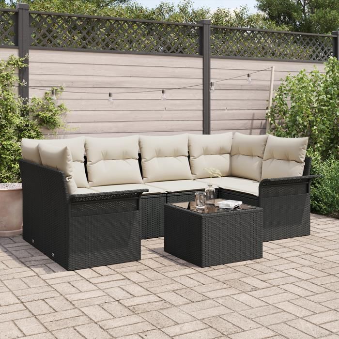 VidaXL Ensemble de Canapés de Jardin 7 Pièces avec Coussins Noir Rotin 3345257