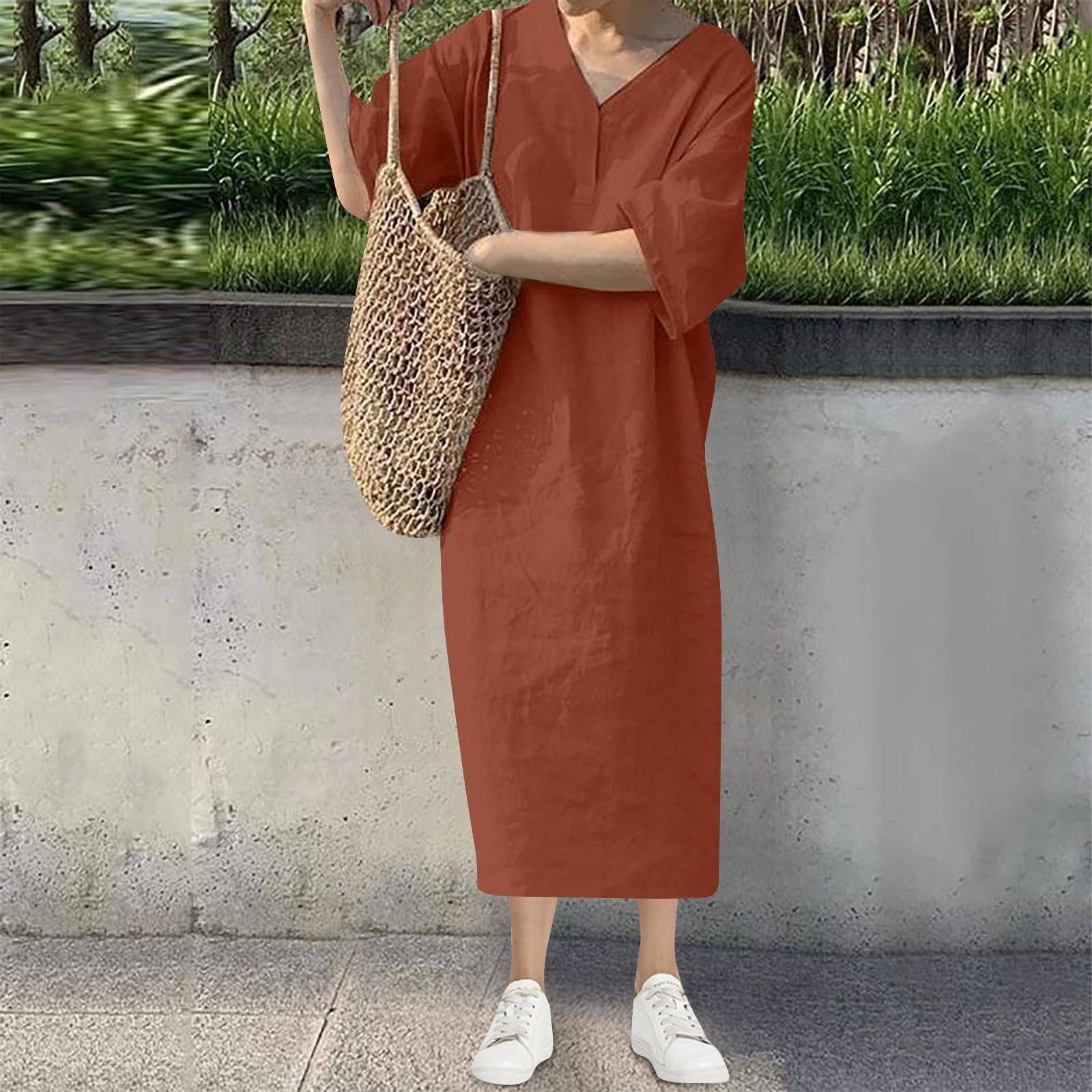 

Женское летнее новое модное повседневное свободное платье с коротким рукавом и V-образным вырезом, однотонное длинное платье-жилет XL винный