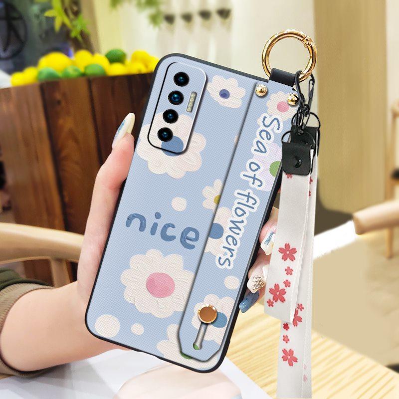 Durable Ring Phone Case For Tecno Camon17P Phone Holder Silicone Waterproof Dirt-resistant Flower Oil Painting Lanyard