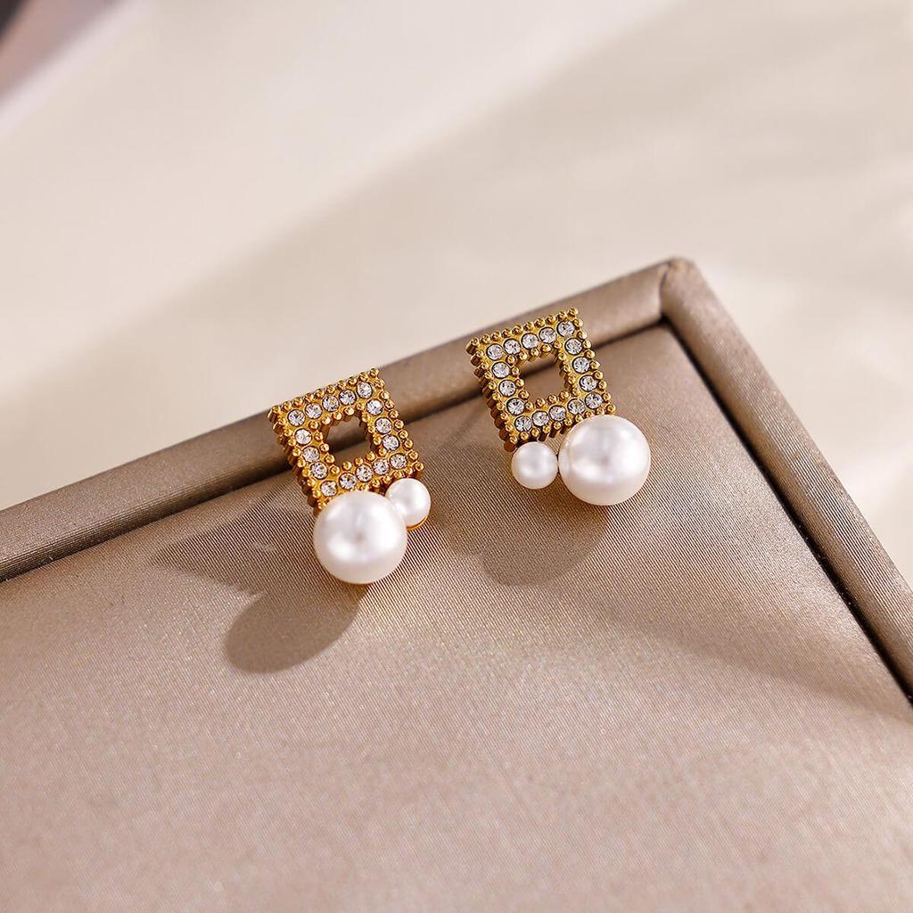 Cross Retro Pearl Temperament Earrings - 18K Gold Plated Stainless Steel with Diamond Inlaid Mother-of-Pearl Heart Bow Design