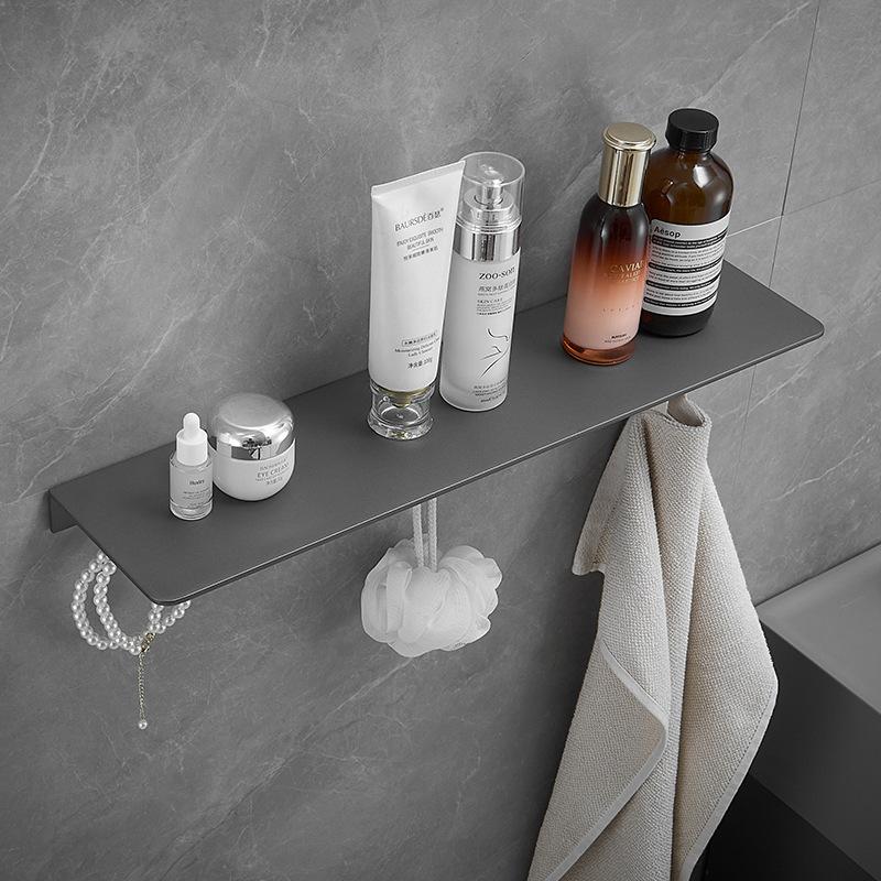 Gun Gray Bathroom Shelf With Hook Wall Mounted Shower Organizer Holder Black Aluminum Storage Rack Bathroom Shelving