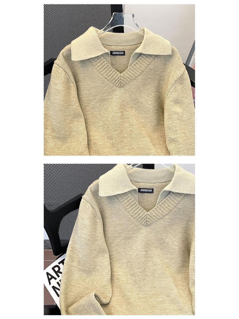 Men's American Retro V-Neck Two-Piece Sweater: Winter Turn-Down Collar Old Money Style Knit for Couples