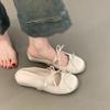 Sheepskin version~ inner height increase flat bottom comfortable bag head sandals bow word with satin surface round head half slippers women