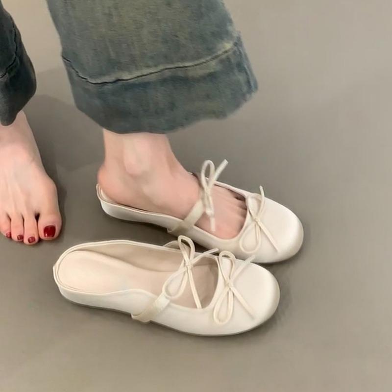 Sheepskin version~ inner height increase flat bottom comfortable bag head sandals bow word with satin surface round head half slippers women