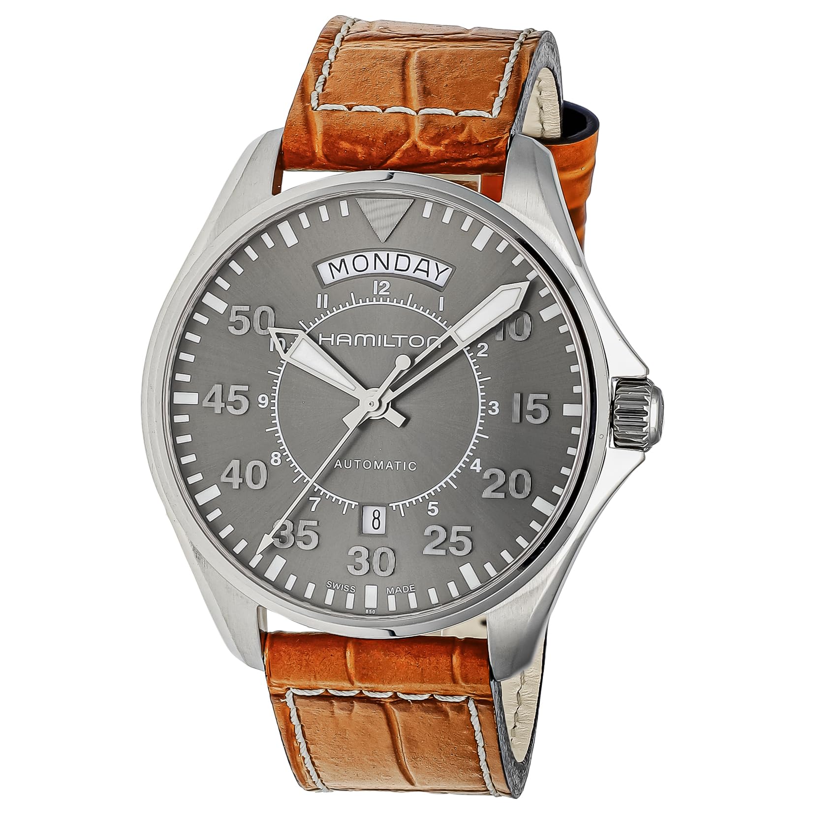 

Khaki Aviation Pilot Day Date Auto Gray Dial Stainless Steel Sapphire Glass Automatic Winding 42MM Swiss Watch Brand H64615585 Brown [Hamilton] Men s коричневий