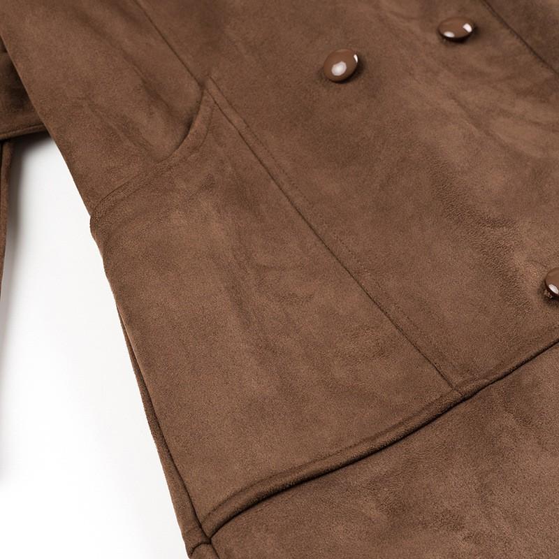 Womens Winter Faux Suede Collar Double-Breasted Belted Trench Coat Long Loose Streetwear Outerwear