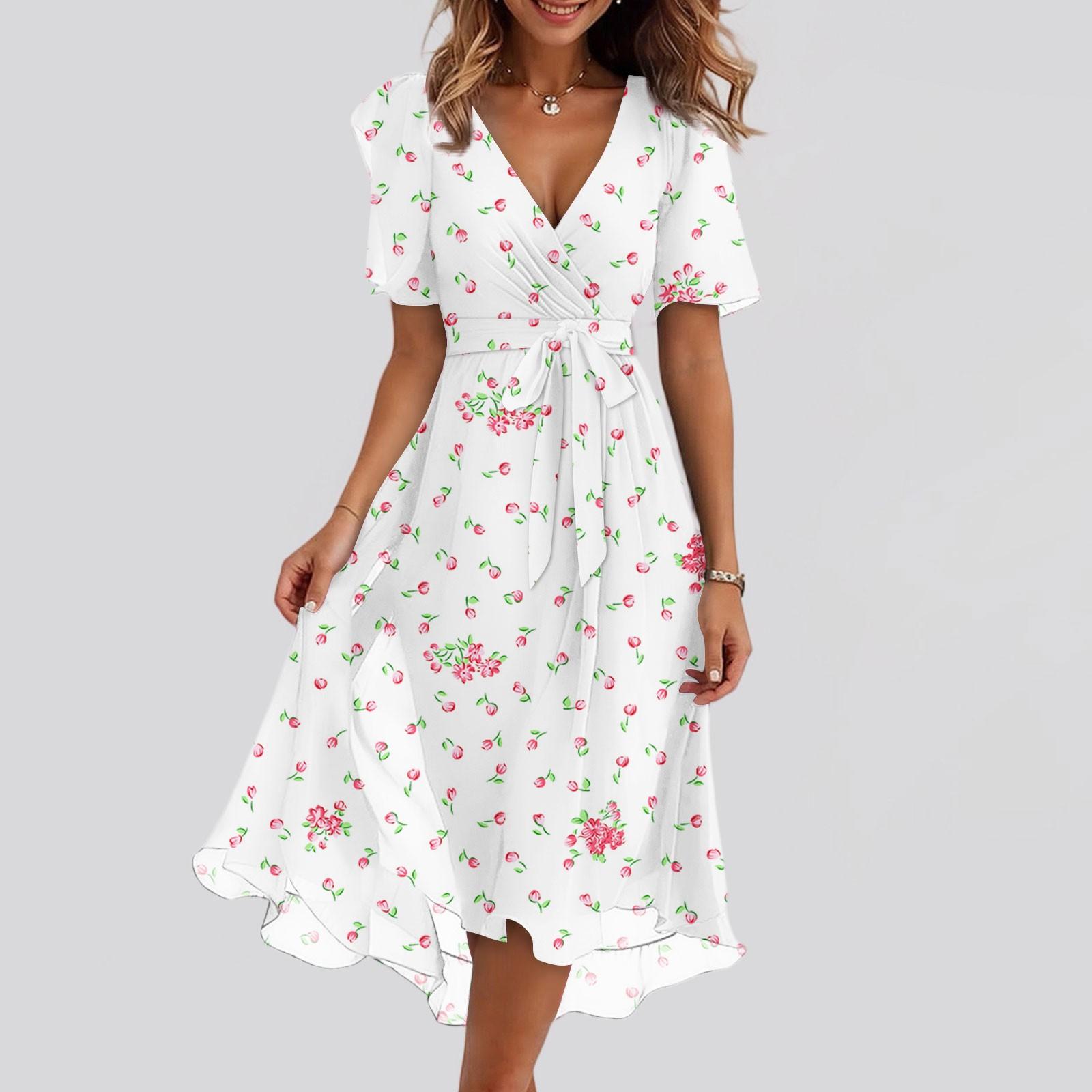 

Женские модные повседневные платья с V-образным вырезом, короткими рукавами и оборками, винтажным принтом S белый