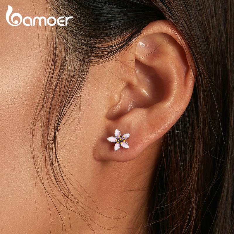 BAMOER Genuine 925 Sterling Silver Elegant Enamel Pink Cherry Blossom Stud Earrings for Women Flower Wedding Jewelry Gift