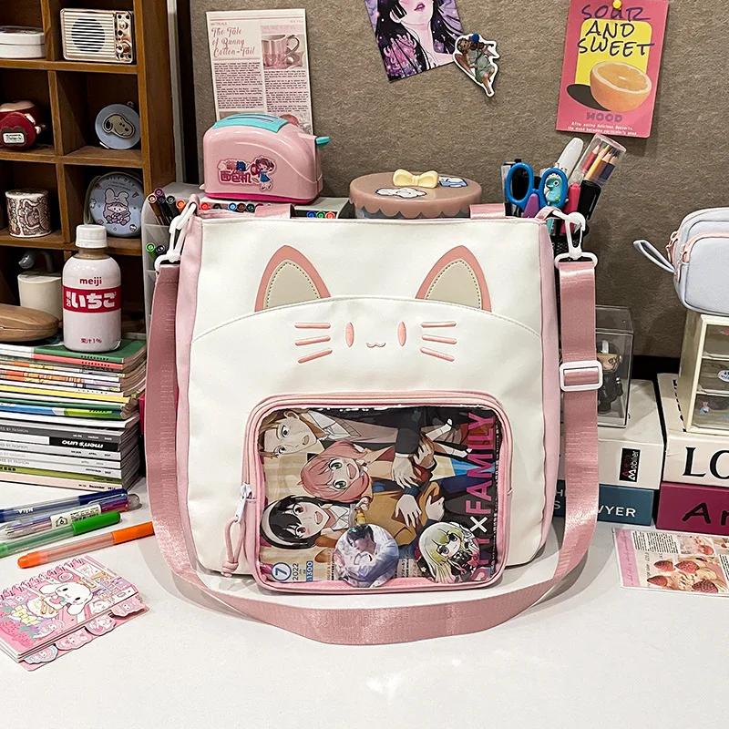 Y2K Cute Cat Ita Shoulder Bag Large Capacity Women Casual Crossbody Bag Kawaii Girl Transparent Pocket DIY Display Nylon Handbag