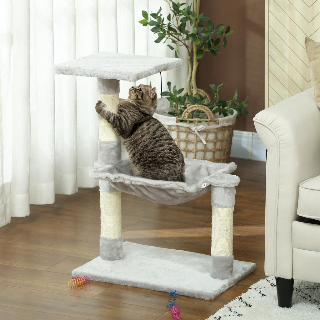 Cat Tree 3 Scratchers Natural Sisal Scratching Post Platform Hammock And Suspended Ball 50 X 26 X 70 Cm Short Plush Gray