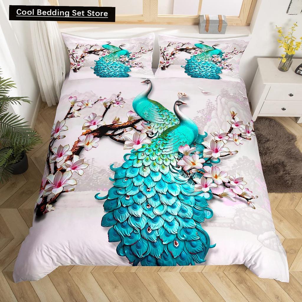 Pfau Bettbezug King Queen Größe Kolibri Libelle Bettwäscheset Blumen Vögel Bettdeckenbezug Floral Tiere Bettdeckenbezug