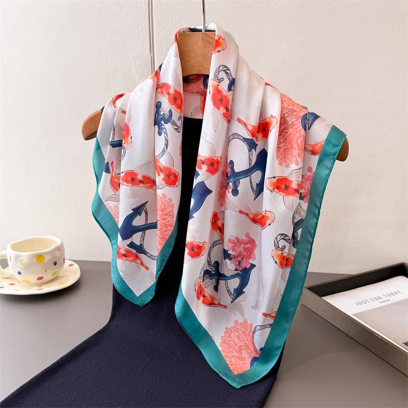 high-end feeling 70 small square cloth ocean print imitation silk scarf shawl neck scarf neck scarf scarf for women