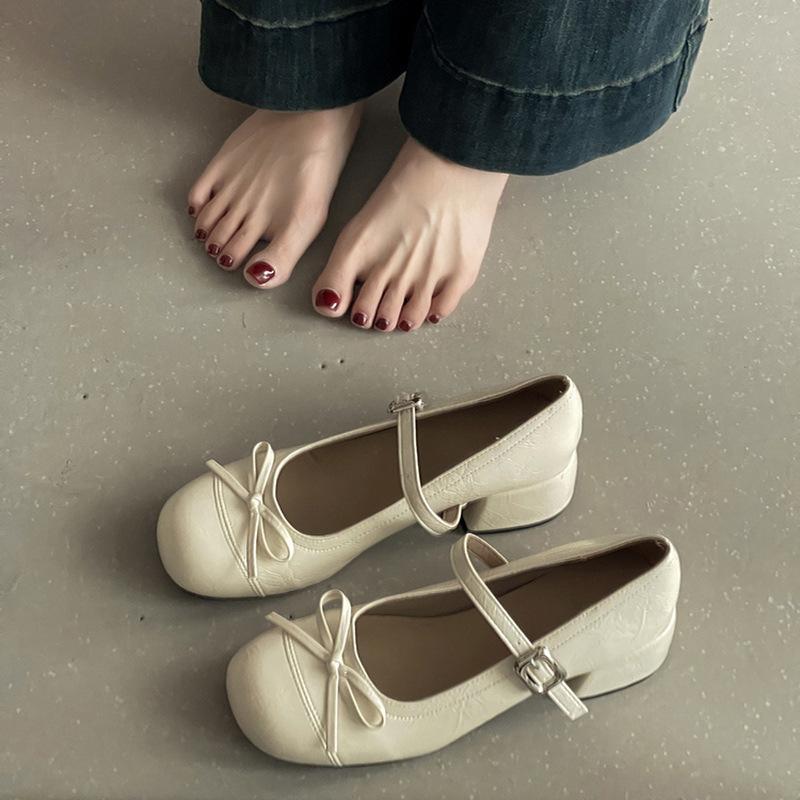 Retro Mori Schleife Mary Jane Schuhe mit weicher Sohle Damen Sommer neu vielseitig dicker Absatz erhöhend kleine Lederschuhe