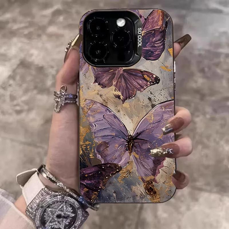INS Retro Rose Butterfly Phone Case For iPhone 16 15 14 13 12 11 Pro Max XR XS MAX SE 2 3 7 8 PLUS Laser Silver Shockproof Cover