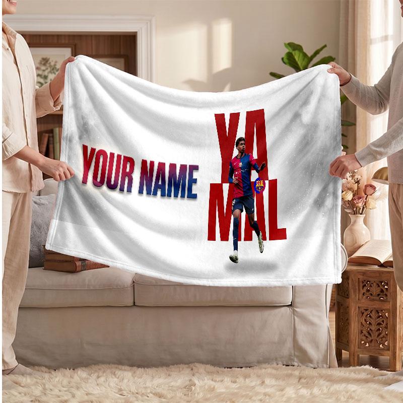 Coperta in pile personalizzata Lamine Yamal con logo del calcio, testo con nome personalizzato, morbida, calda, coperta da divano per la casa