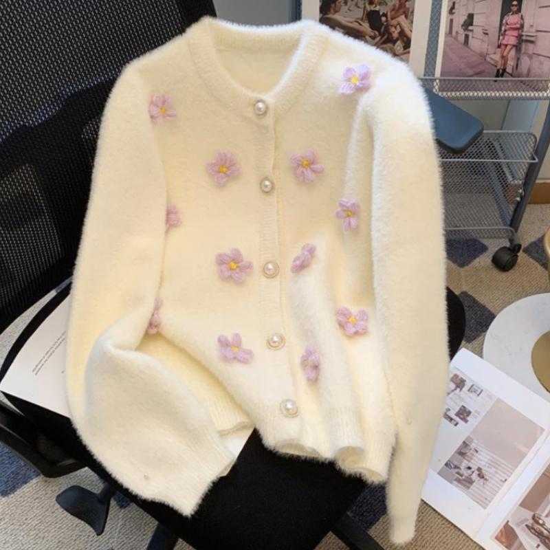 3D Flower Women's Sweater Round Collar Solid Color Half Pearl Button Long Sleeved Cardigan Autumn New Version Loose Casual Female Top