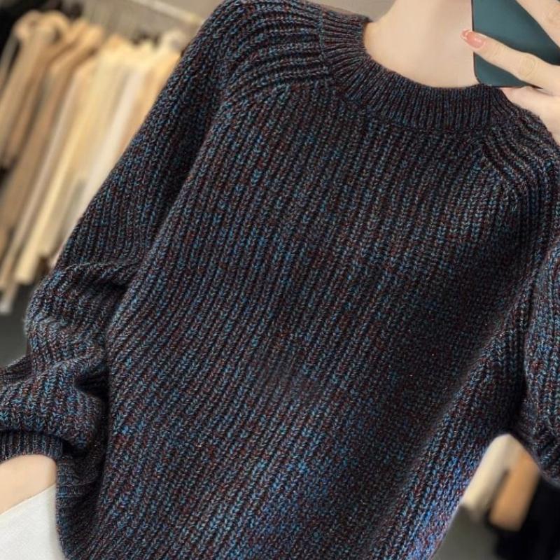 Women's Autumn & Winter Lazy Style Starry Shimmer Thickened Crew Neck Sweater Heavyweight Loose Knit Base Layer Top