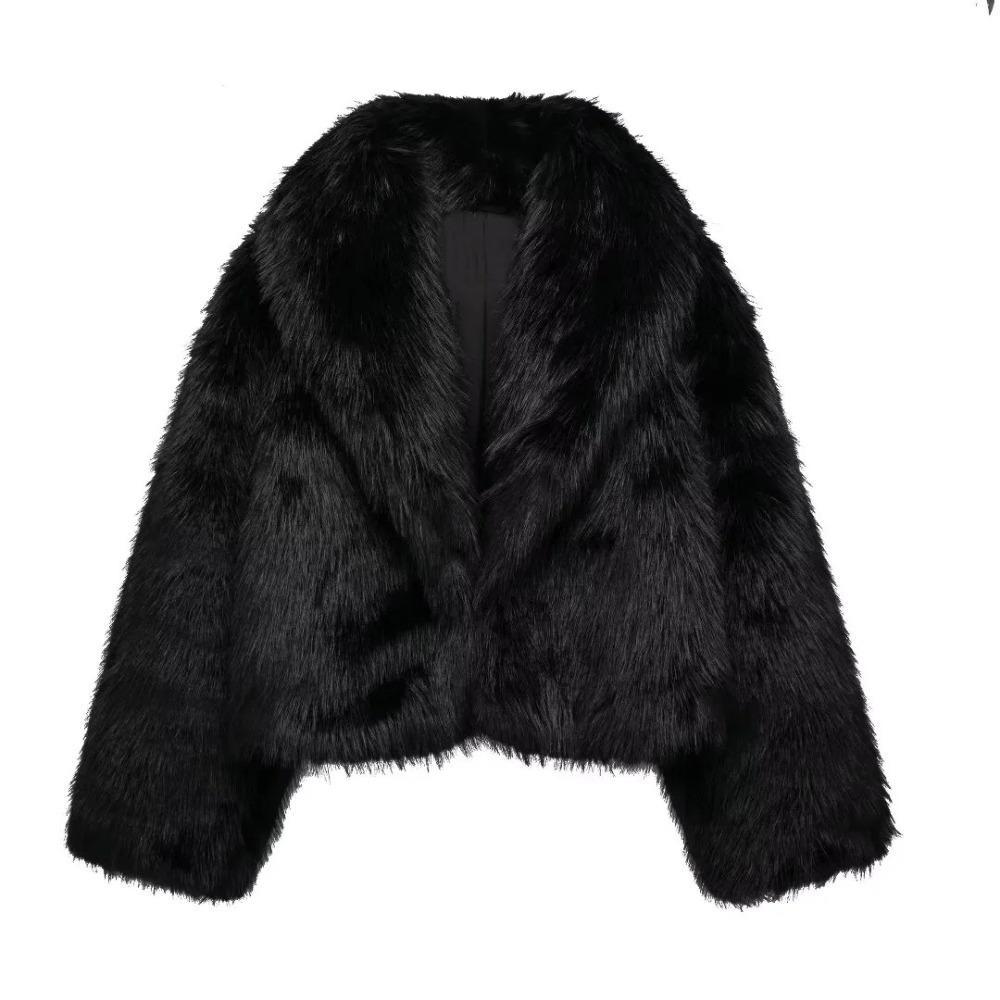 Giacca Corta Nera in Pelliccia Sintetica Soffice con Ampio Revers Moda Manica Lunga Oversize Corta Invernale Nuovo Capospalla High Street