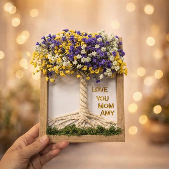 Dřevěný DIY fotorámeček s umělým kyticí gypsophily pro obývací pokoj, ložnici, kancelář, domácí dekoraci stolu, dárky ke Dni matek pro maminku, ženy