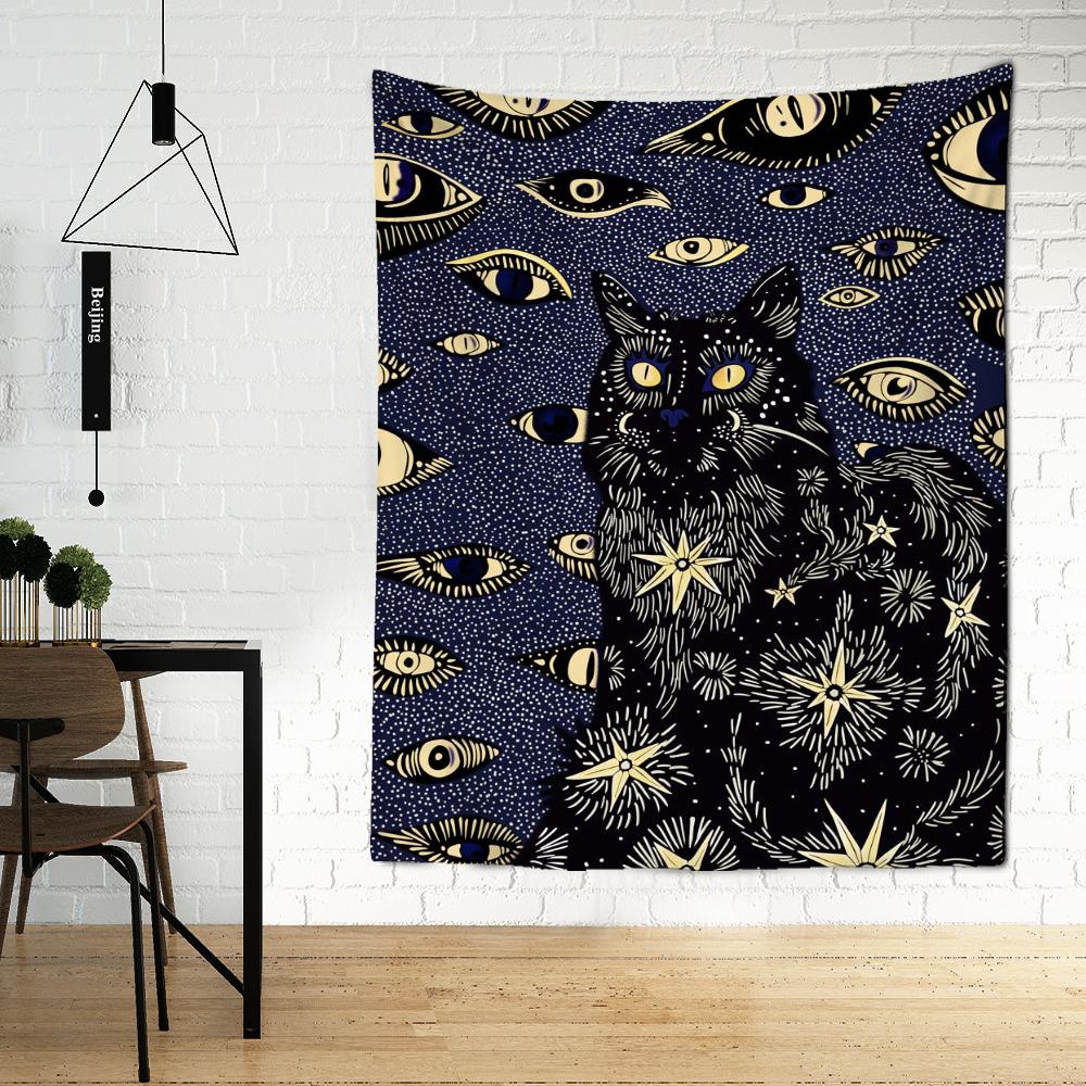 Black Scary Eyes Cat Tapestry Wall Hanging Abstract Psychedelic Witchcraft Bohemian Dormitory Living Room Home Decor