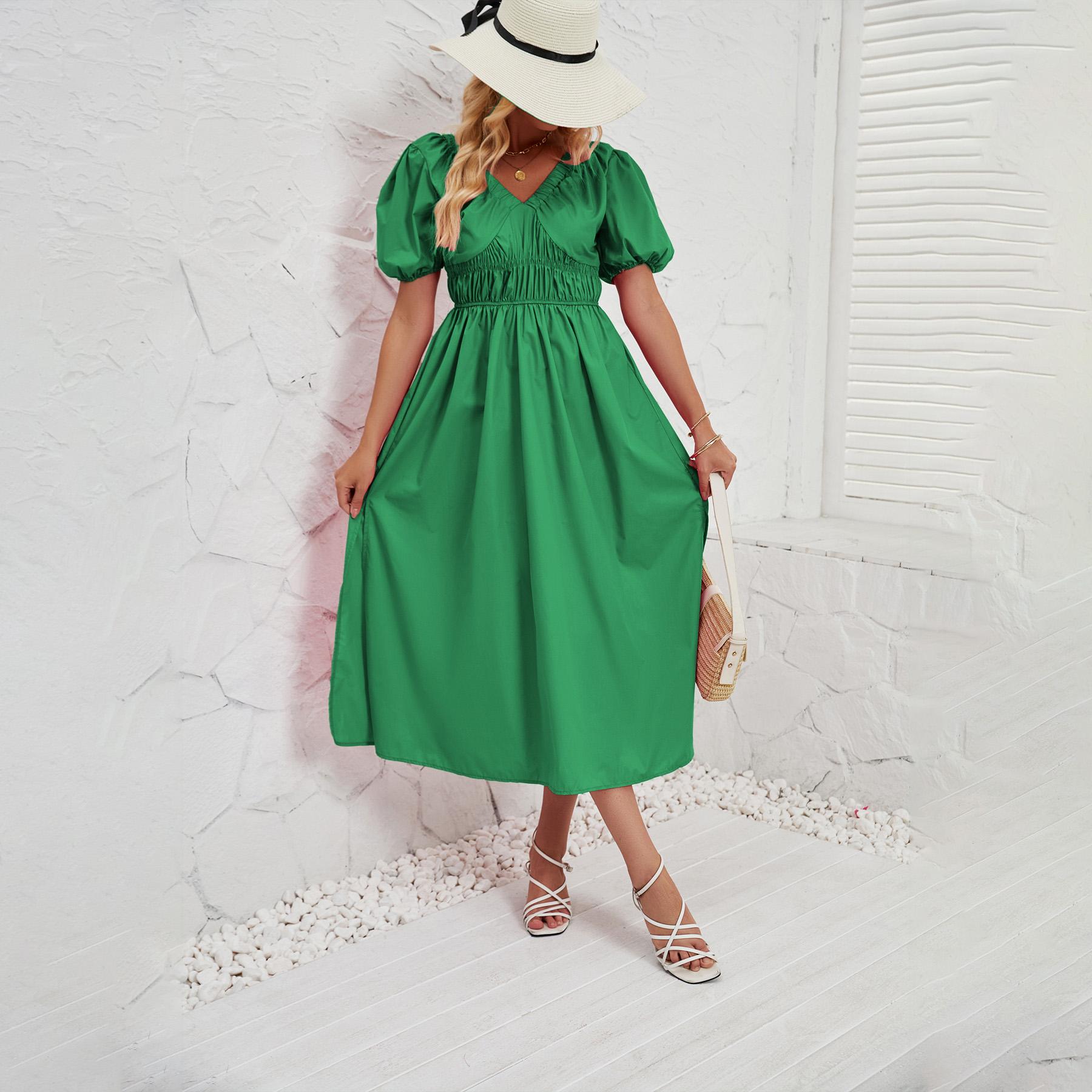 

Летнее женское модное однотонное плиссированное платье с коротким рукавом длиной до щиколотки без бретелек XL зелёный