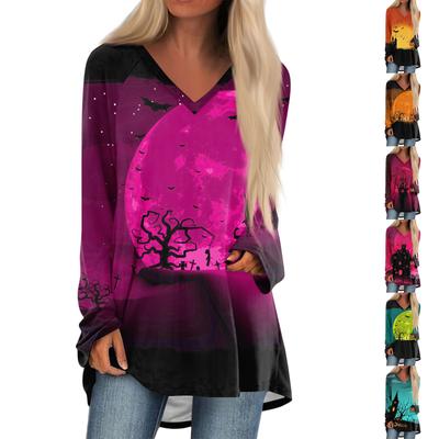 Damen Casual Langarm V-Ausschnitt Halloweenl Print Langes Lockeres T-Shirt Top