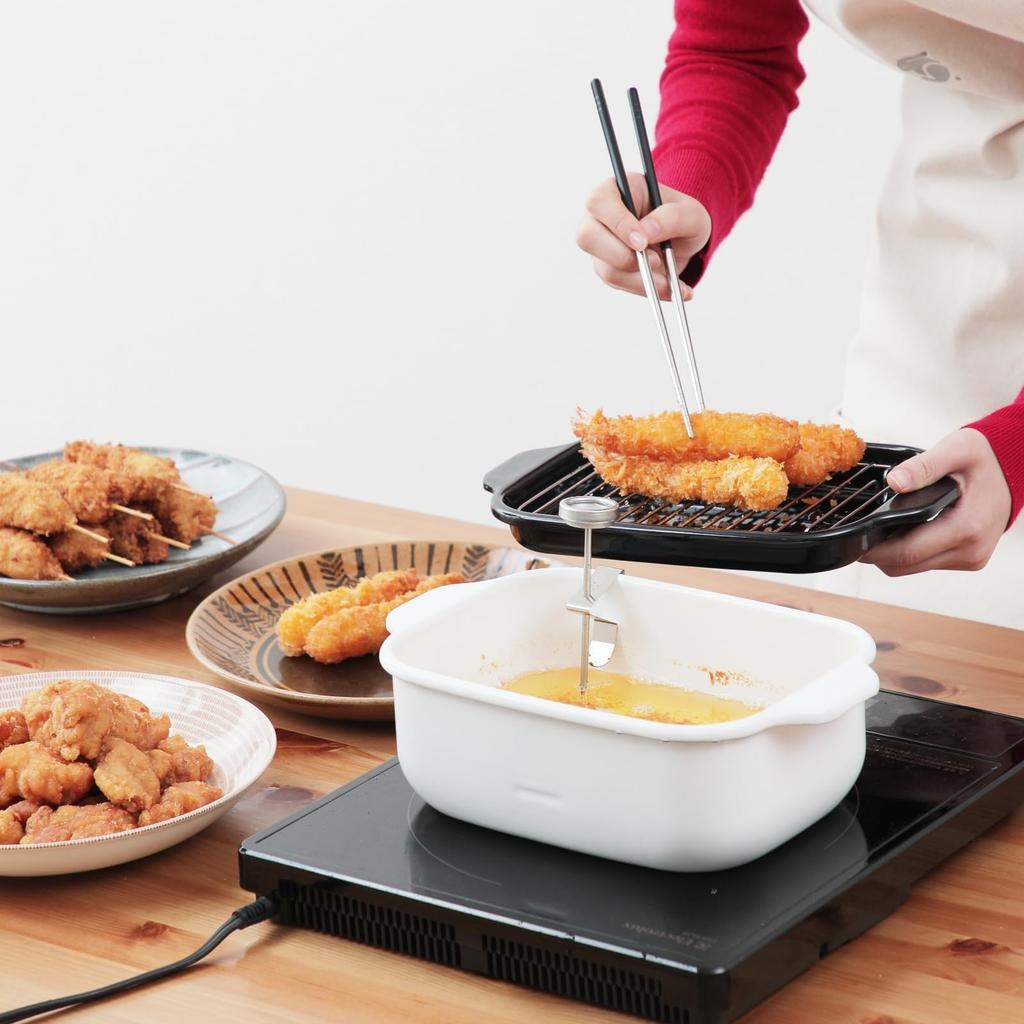 Fuji Enamel Square Tempura Pan, Wide, with Stainless Steel Chopsticks Set (TP-22K.W) - Large Size, Square Enamel Fryer, Thermometer, and Rack