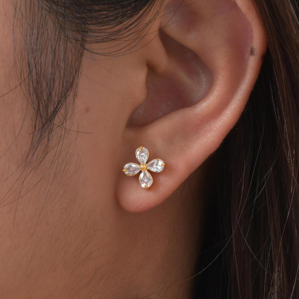 Fashion White Zircon Four-petal Flower Stud Earrings for Women,Gold Color Stainless Steel Waterproof Earrings,Chic Jewelry Gift