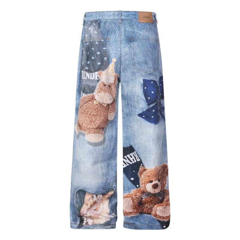 69818 American Vintage Unisex Washed 3D Cartoon Print High Street Loose Wide Leg Jeans