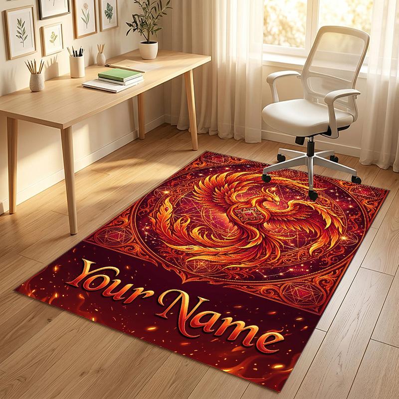 Dragon Phoenix Theme Crystal Velvet Rug Personalized Custom Name Text Soft Floor Mat Home Decor