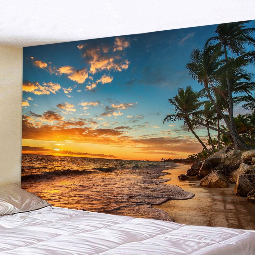Beach Sunset Landscape Tapestry Wall Hanging Coconut Tree Printed Wall Art Hotel Room Decoration Items Aesthetic Dorm Home Decor