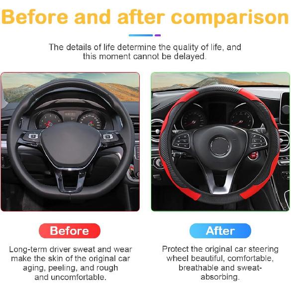 Car Steering Wheel Cover, 15 Inch Carbon Fiber Microfiber PU Leather Elastic Steering Wheel Protector For Men Women, Anti-Slip Breathable Car