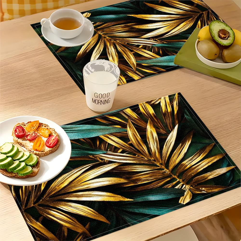 Jit4pcs 2D FLAT Digital Print Placemats, Golden Green Intercalated Plant Leaves, Light Luxury Style Pattern Printed Placemats, Making Your Dining Room