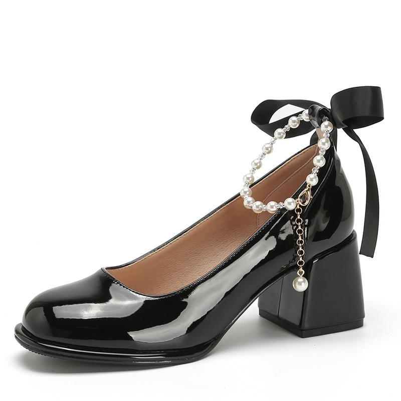 

Кожаные туфли на плоской подошве Yuexinwang для женской обуви Huizhou Su Yinyin, такие же одинарные туфли на толстом каблуке, новые французские туфли Mary Jane на высоком каблуке 40 чёрный