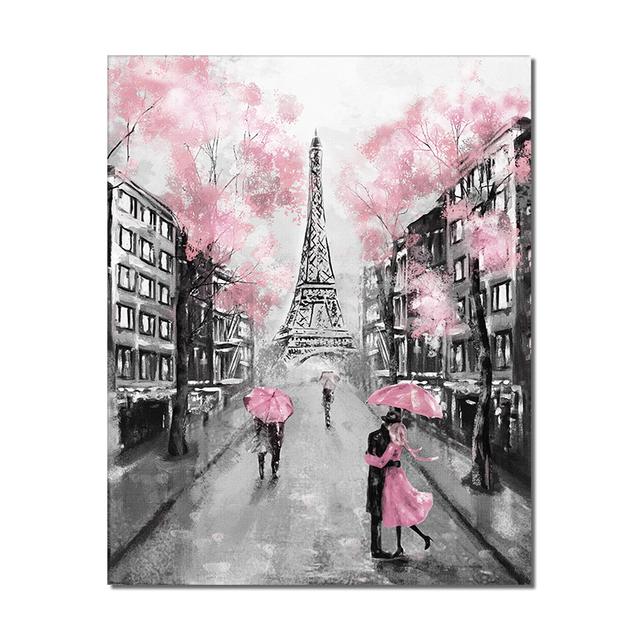 Solid Wood Frame Set Canvas Painting Pink Trees Tower Lovers With Umbrella Modern Street Wall Art Posters And Prints Home Decor