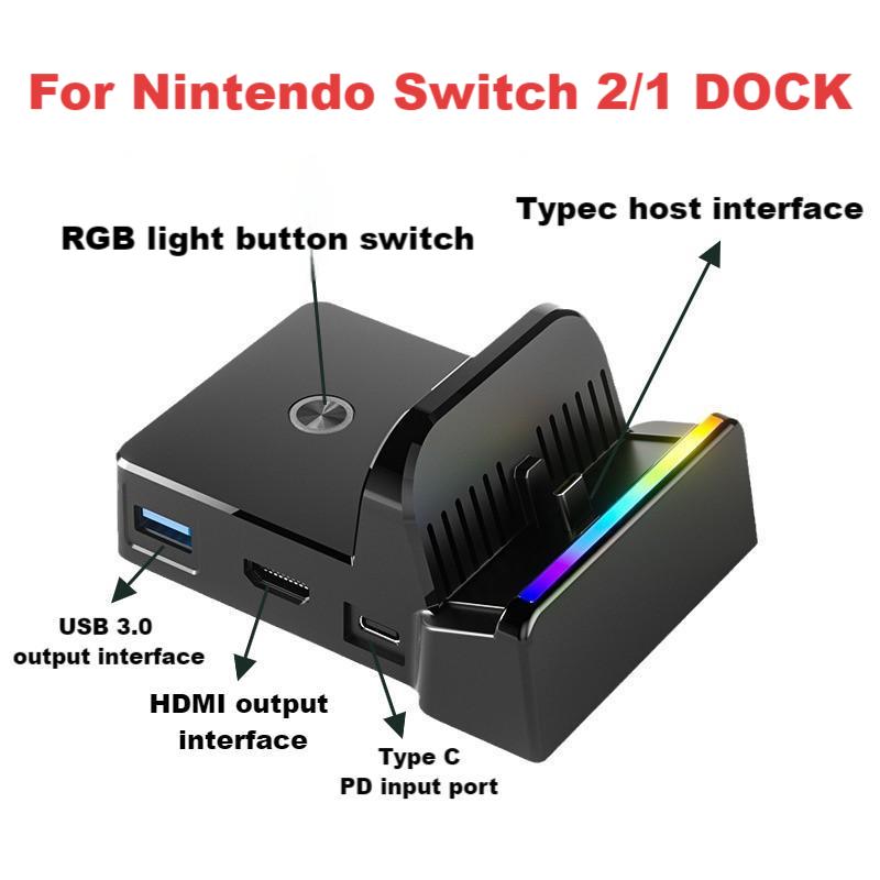 Tragbarer Dockständer mit RGB-Licht für Nintendo Switch/Switch2/Switch OLED, Tischladestation Docking Station Unterstützung Switch TV-Modus