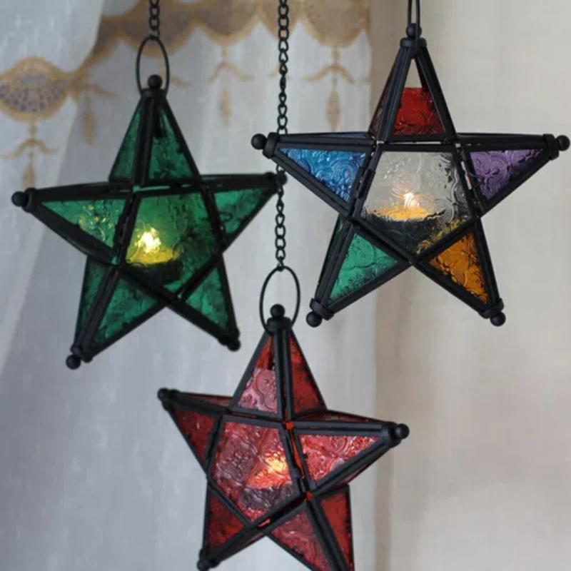 Moroccan Star Hanging Candle Holder – Colorful Lantern for Home & Bar Decor