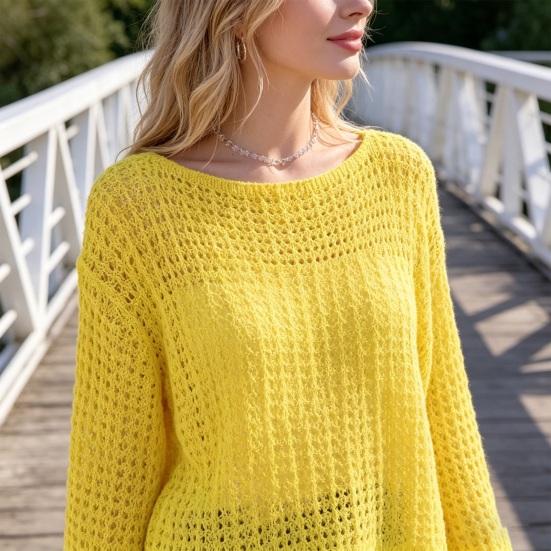 Women Tops Loose Fit One-Shoulder Hollow Knitted Long Sleeve Blouse Pure Color Summer Thin Tops Sun Protection Cover Up Blouse