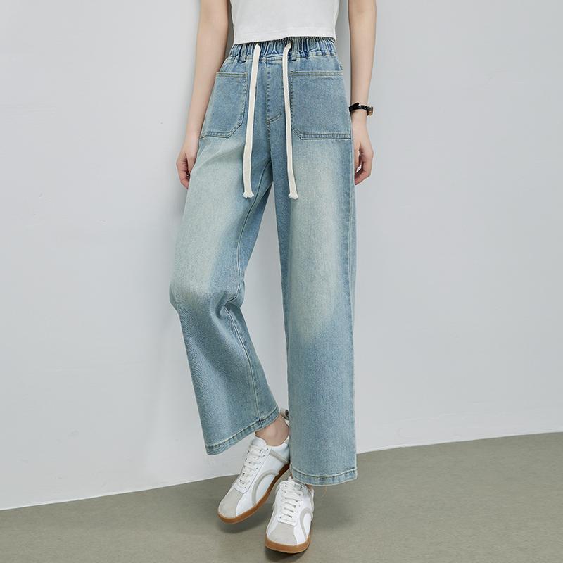 

Summer Denim Jeans Women High Elastic Waist Drawstring Bleached Wide Leg Blue Jean Pants Streetwear Denim Trousers XXL синій