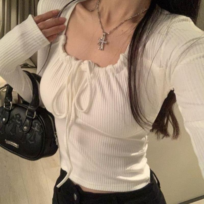 Strap Pure Slim Fit Sweet and Spicy Autumn Inner Pair Square Neck Short T-shirt Top for Women Slim and Versatile Base Shirt