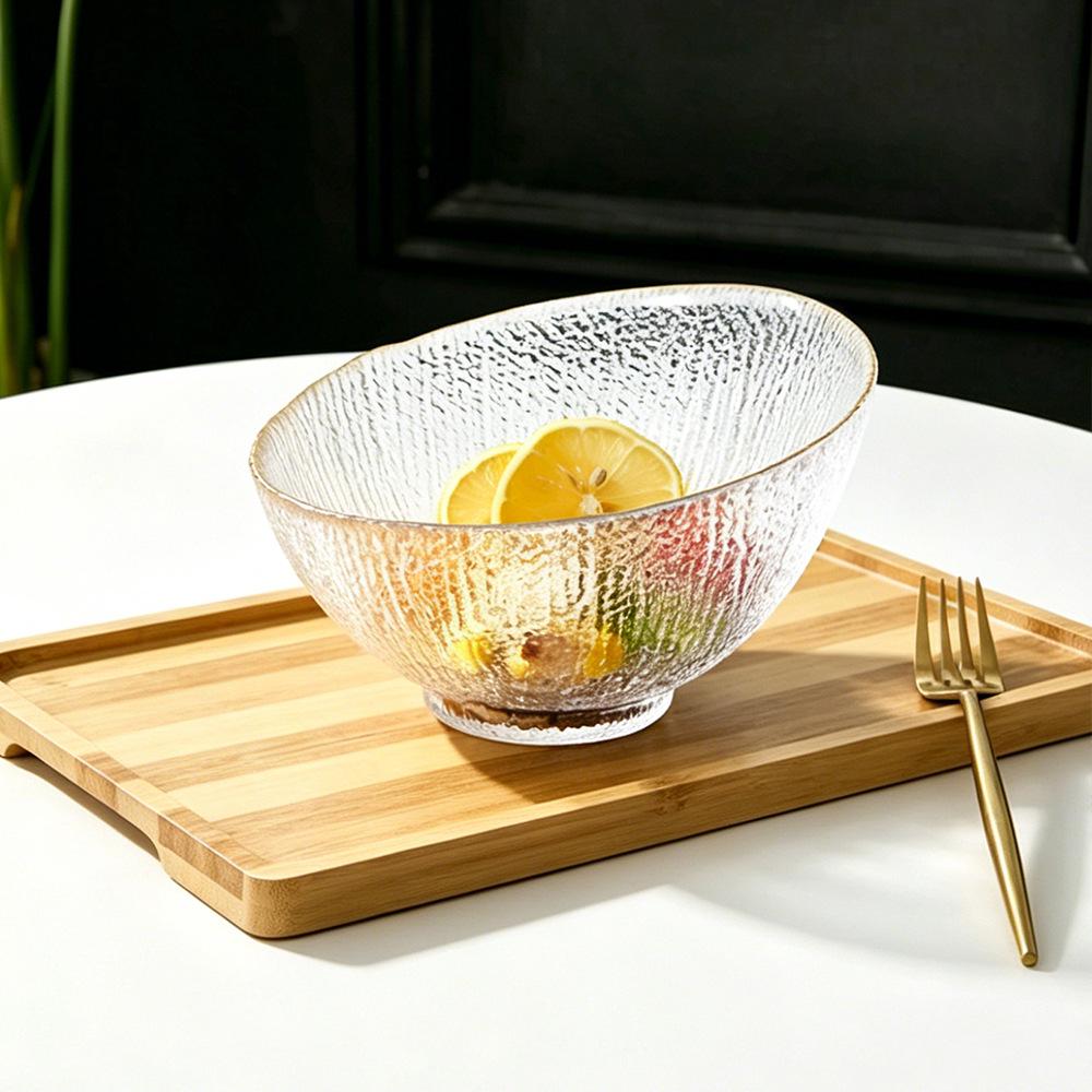High-Value Gold Rim Glass Salad Bowl - Light Luxury Large Fruit Plate with Elevated Slanted Mouth Design.
